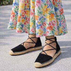 Eileen Fisher Black Suede Espadrille Flats Ankle Wrap Zip Women 8.5